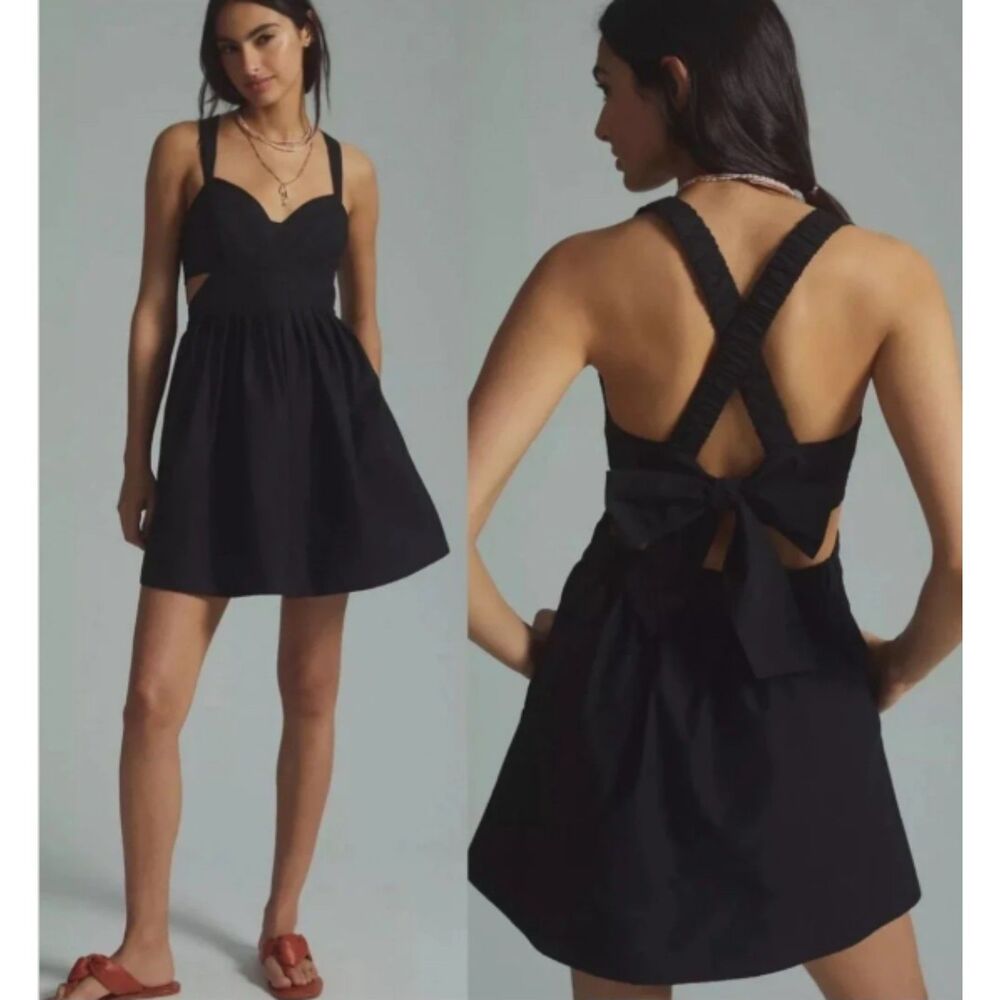 SZ 12 Maeve by Anthropologie Criss Cross Bow Back Babydoll Cotton Mini Dress